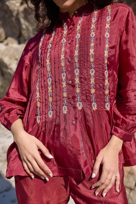 Shop_Ayaka_Burgundy Viscose Embroidery Mandarin Collar Flora Vine Pintucked Top _Online_at_Aza_Fashions