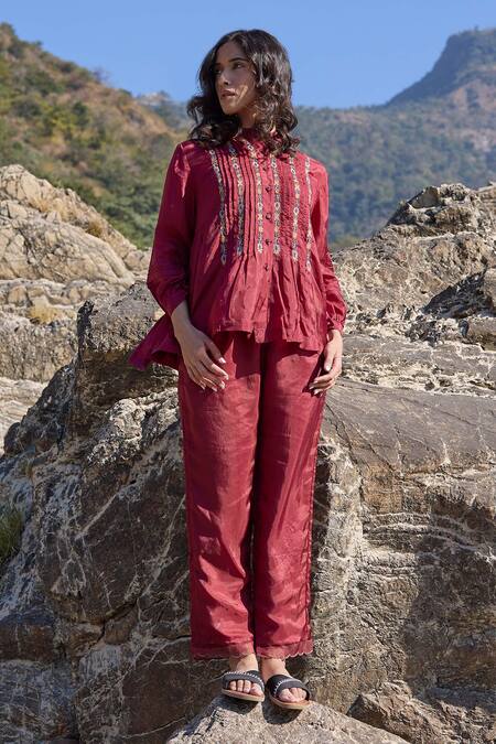 Ayaka_Burgundy Viscose Embroidery Mandarin Collar Flora Vine Pintucked Top _at_Aza_Fashions