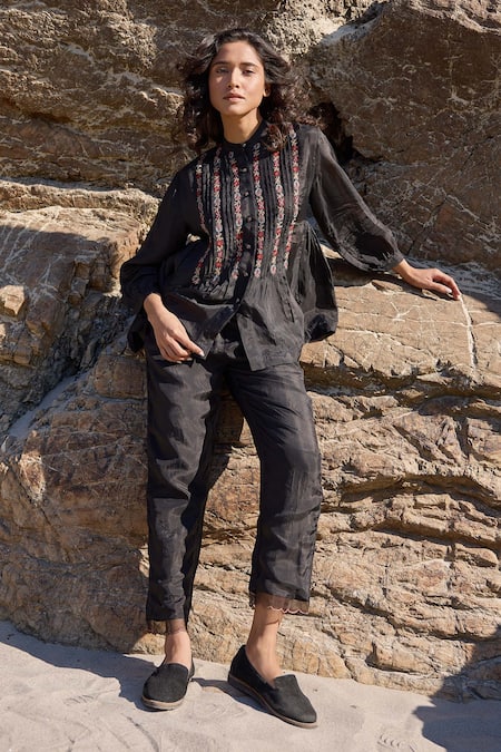 Ayaka Black Fleur Vine Embroidered Pintucked Top 