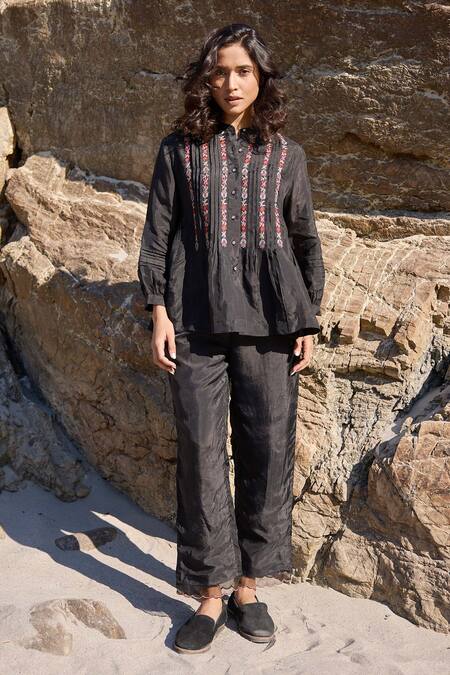 Buy_Ayaka_Black Viscose Embroidery Mandarin Collar Fleur Vine Pintucked Top _Online_at_Aza_Fashions