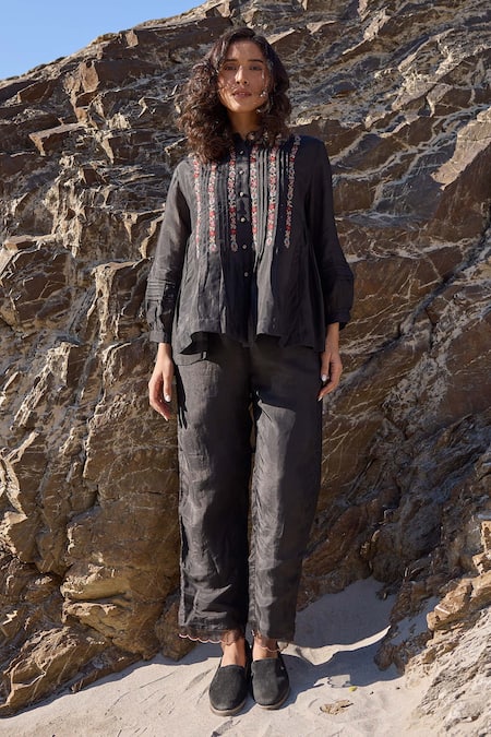 Shop_Ayaka_Black Viscose Embroidery Mandarin Collar Fleur Vine Pintucked Top _Online_at_Aza_Fashions