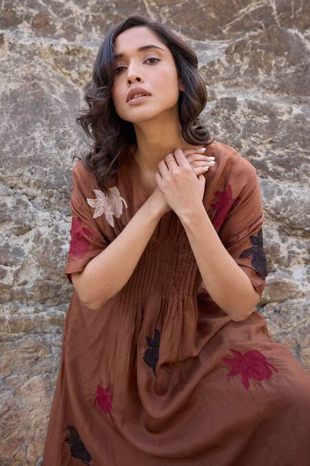 Ayaka_Brown Cotton, Viscose Embroidery V-neck Floral Pintucked Midi Dress _Online_at_Aza_Fashions