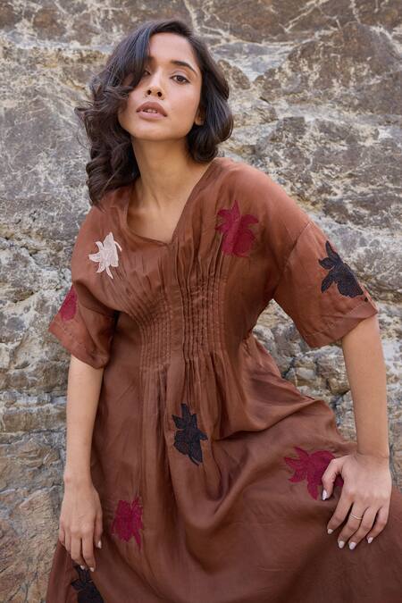 Buy_Ayaka_Brown Cotton, Viscose Embroidery V-neck Floral Pintucked Midi Dress _Online_at_Aza_Fashions