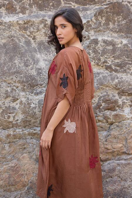 Shop_Ayaka_Brown Cotton, Viscose Embroidery V-neck Floral Pintucked Midi Dress _Online_at_Aza_Fashions