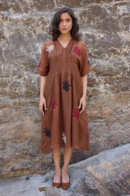 Ayaka_Brown Cotton, Viscose Embroidery V-neck Floral Pintucked Midi Dress _at_Aza_Fashions
