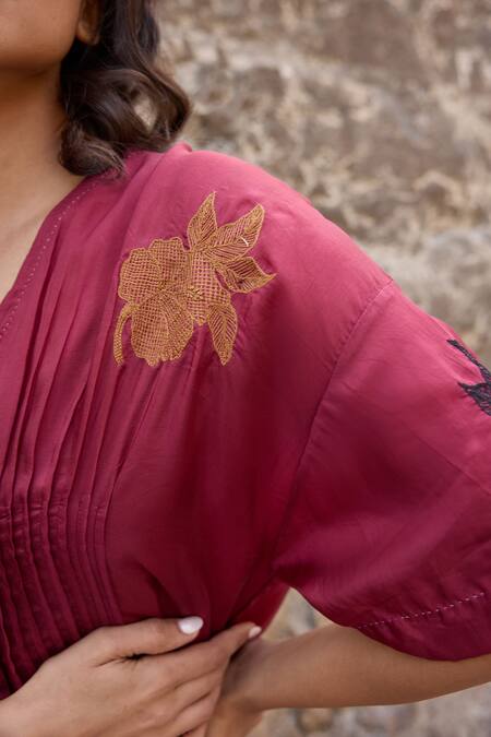 Ayaka_Burgundy Cotton, Viscose Embroidery V-neck Flora Motif Midi Dress _Online_at_Aza_Fashions