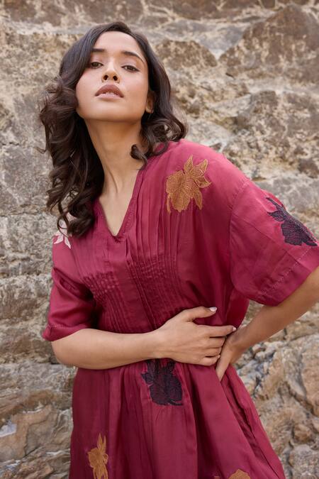 Buy_Ayaka_Burgundy Cotton, Viscose Embroidery V-neck Flora Motif Midi Dress _Online_at_Aza_Fashions