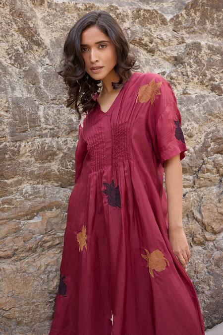 Shop_Ayaka_Burgundy Cotton, Viscose Embroidery V-neck Flora Motif Midi Dress _Online_at_Aza_Fashions