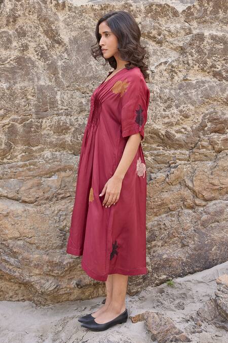 Ayaka_Burgundy Cotton, Viscose Embroidery V-neck Flora Motif Midi Dress _at_Aza_Fashions