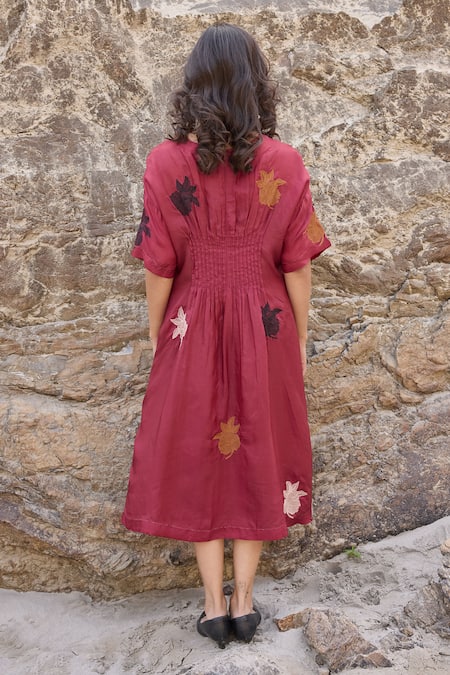 Ayaka Burgundy Flora Motif Embroidered Midi Dress 
