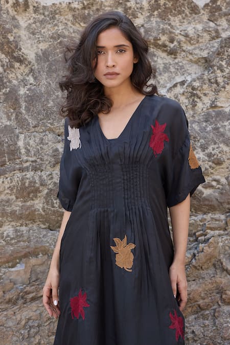 Shop_Ayaka_Black Cotton, Viscose Embroidery V-neck Bloom Motif Midi Dress _Online_at_Aza_Fashions