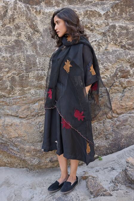 Ayaka_Black Cotton, Viscose Embroidery V-neck Bloom Motif Midi Dress _at_Aza_Fashions