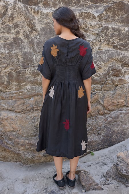 Ayaka Black Bloom Motif Embroidered Midi Dress 