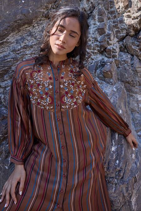 Shop_Ayaka_Brown Cotton, Viscose Embroidery Mandarin Floral Striped Kurta With Inner _Online_at_Aza_Fashions