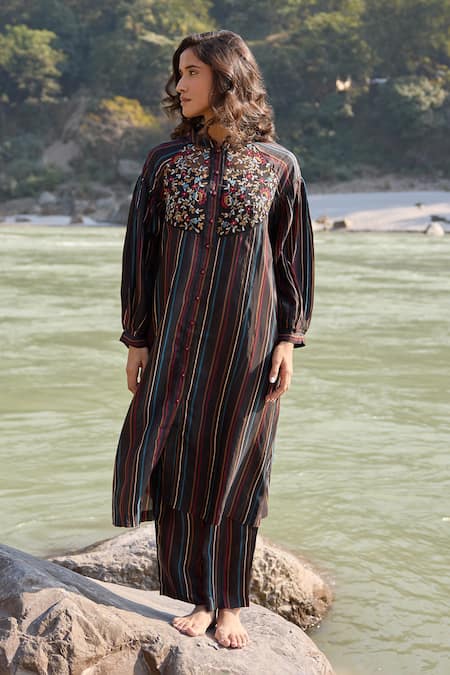 Shop_Ayaka_Black Cotton, Viscose Embroidery Mandarin Collar Striped Fleur Kurta With Inner _Online_at_Aza_Fashions