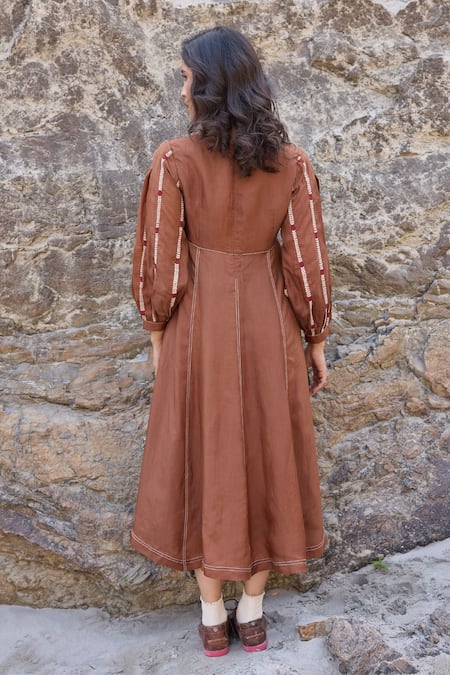 Ayaka Brown Bloom Vine Embroidered Midi Dress 