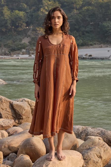 Shop_Ayaka_Brown Cotton, Viscose Embroidery Round Neck Bloom Vine Midi Dress _Online_at_Aza_Fashions