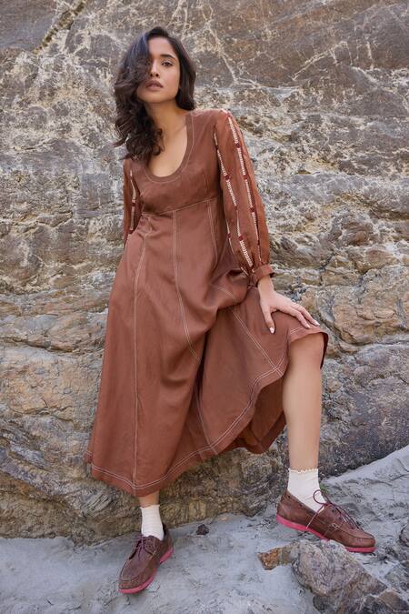 Ayaka_Brown Cotton, Viscose Embroidery Round Neck Bloom Vine Midi Dress _at_Aza_Fashions