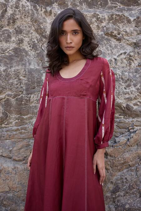 Ayaka Burgundy Cotton, Viscose Embroidery Open Neck Blossom Vine Dress Online at Aza Fashions Ayaka_Burgundy Cotton, Viscose Embroidery Open Neck Blossom Vine Dress _Online_at_Aza_Fashions
