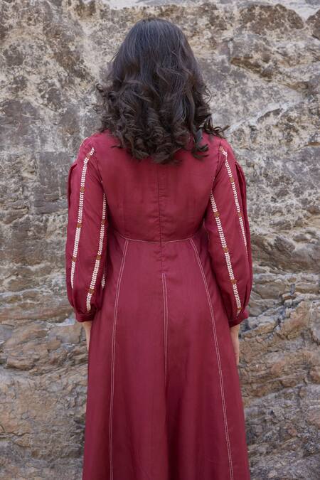 Buy Ayaka Burgundy Cotton, Viscose Embroidery Open Neck Blossom Vine Dress Online at Aza Fashions Buy_Ayaka_Burgundy Cotton, Viscose Embroidery Open Neck Blossom Vine Dress _Online_at_Aza_Fashions