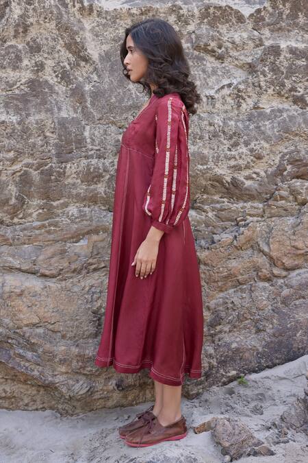 Shop Ayaka Burgundy Cotton, Viscose Embroidery Open Neck Blossom Vine Dress Online at Aza Fashions Shop_Ayaka_Burgundy Cotton, Viscose Embroidery Open Neck Blossom Vine Dress _Online_at_Aza_Fashions