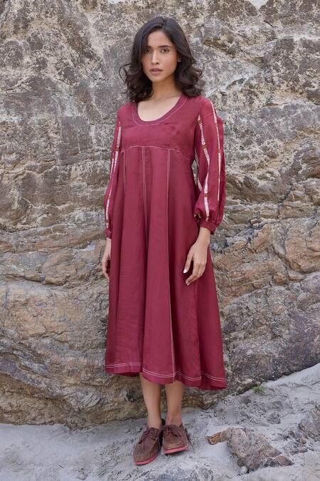 Ayaka Burgundy Cotton, Viscose Embroidery Open Neck Blossom Vine Dress at Aza Fashions Ayaka_Burgundy Cotton, Viscose Embroidery Open Neck Blossom Vine Dress _at_Aza_Fashions