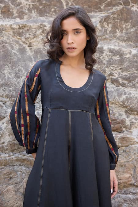 Ayaka_Black Cotton, Viscose Embroidery Round Neck Puffed Sleeves Dress _Online_at_Aza_Fashions