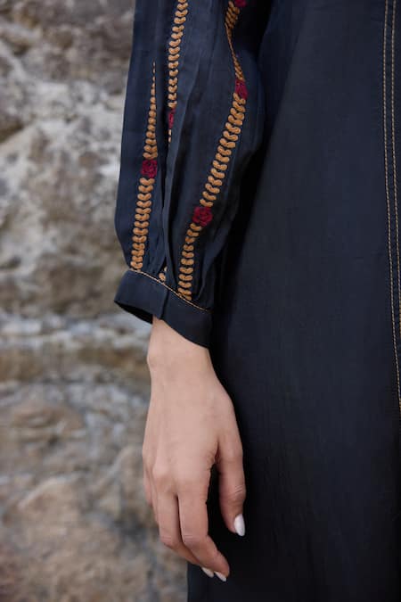 Shop_Ayaka_Black Cotton, Viscose Embroidery Round Neck Puffed Sleeves Dress _Online_at_Aza_Fashions