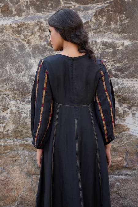 Ayaka_Black Cotton, Viscose Embroidery Round Neck Puffed Sleeves Dress _at_Aza_Fashions