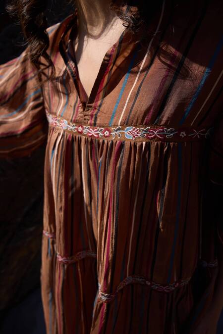 Buy_Ayaka_Brown Viscose, Cotton Embroidery Mandarin Collar Floral Vine Dress _Online_at_Aza_Fashions