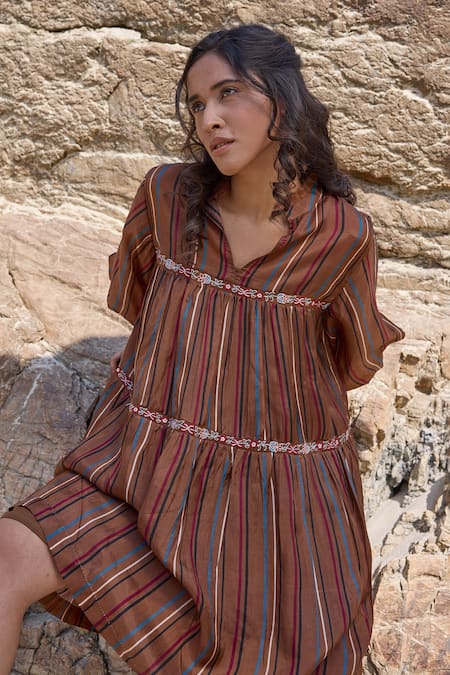 Shop_Ayaka_Brown Viscose, Cotton Embroidery Mandarin Collar Floral Vine Dress _Online_at_Aza_Fashions