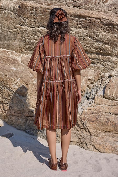 Ayaka_Brown Viscose, Cotton Embroidery Mandarin Collar Floral Vine Dress _Online_at_Aza_Fashions