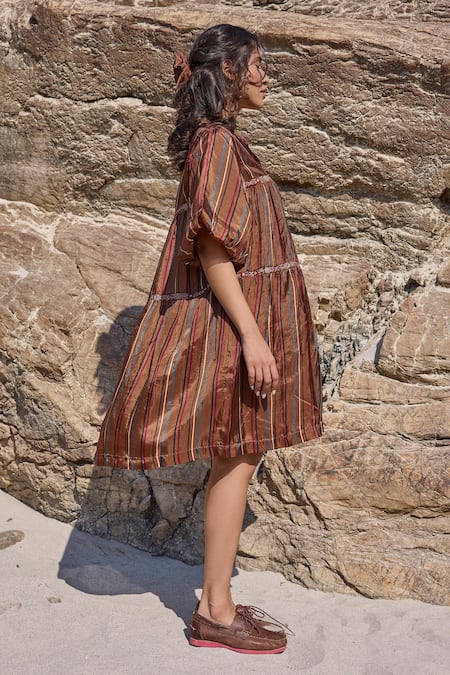 Shop_Ayaka_Brown Viscose, Cotton Embroidery Mandarin Collar Floral Vine Dress 