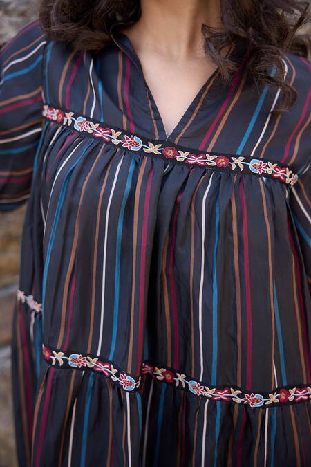 Ayaka_Black Cotton, Viscose Embroidery Mandarin Collar Striped Tiered Dress _Online_at_Aza_Fashions