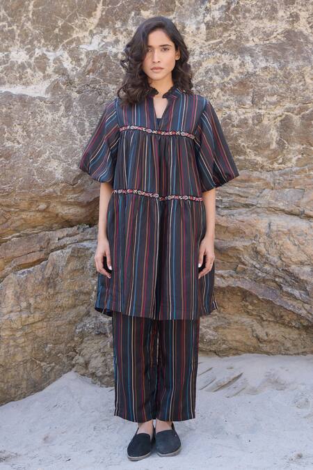 Shop_Ayaka_Black Cotton, Viscose Embroidery Mandarin Collar Striped Tiered Dress _at_Aza_Fashions