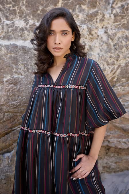 Buy_Ayaka_Black Cotton, Viscose Embroidery Mandarin Collar Striped Tiered Dress _Online_at_Aza_Fashions