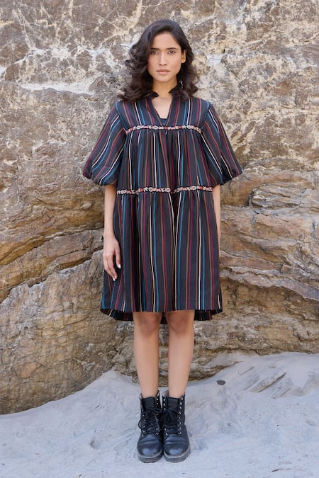 Shop_Ayaka_Black Cotton, Viscose Embroidery Mandarin Collar Striped Tiered Dress _Online_at_Aza_Fashions
