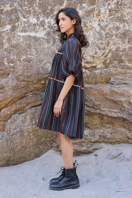 Ayaka_Black Cotton, Viscose Embroidery Mandarin Collar Striped Tiered Dress _at_Aza_Fashions