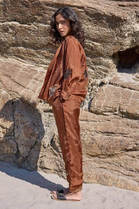 Ayaka_Brown Cotton, Viscose Scalloped Hem Pant _Online_at_Aza_Fashions