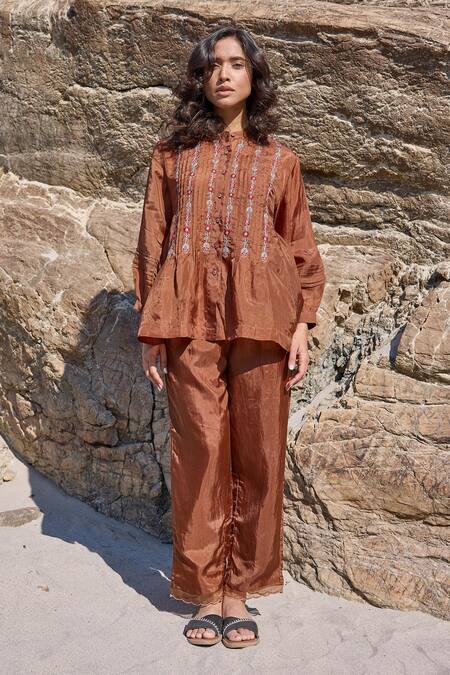 Buy_Ayaka_Brown Cotton, Viscose Scalloped Hem Pant _Online_at_Aza_Fashions