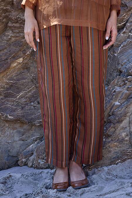 Ayaka_Brown Viscose, Cotton Striped Pant _Online_at_Aza_Fashions
