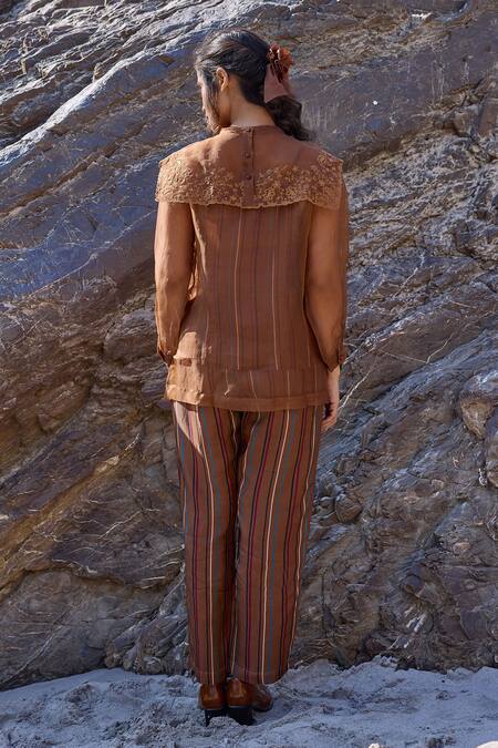 Shop_Ayaka_Brown Viscose, Cotton Striped Pant _at_Aza_Fashions