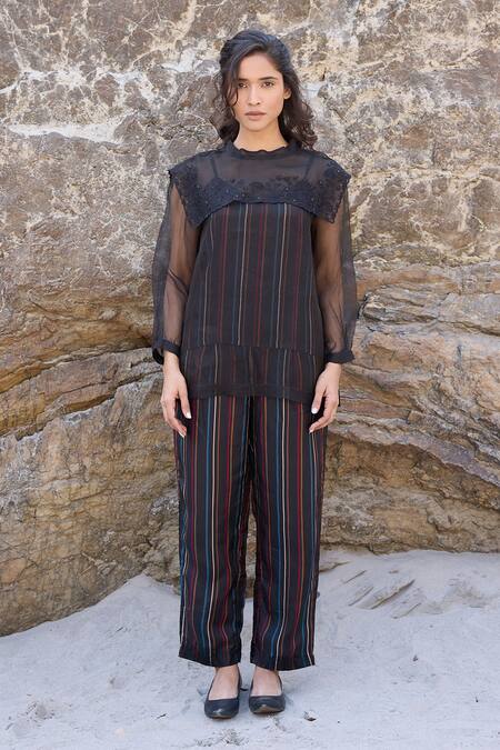 Buy_Ayaka_Black Cotton, Viscose Striped Straight Pant _Online_at_Aza_Fashions