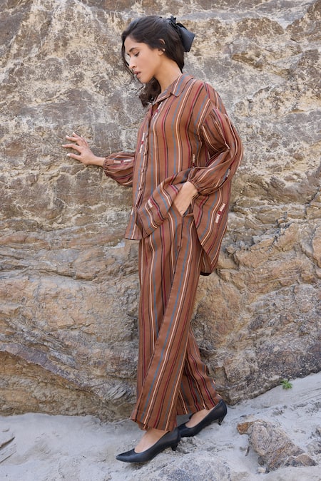 Shop_Ayaka_Brown Viscose, Cotton Striped Flared Pant _at_Aza_Fashions