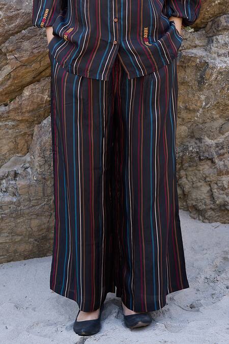 Ayaka_Black Viscose, Cotton Striped Flared Pant _Online_at_Aza_Fashions