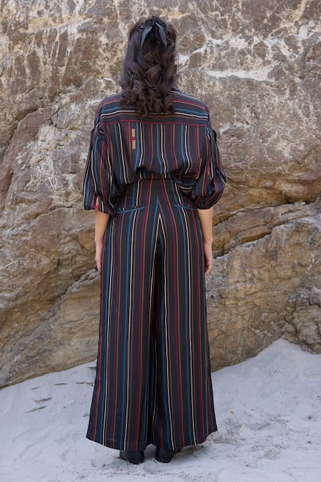 Shop_Ayaka_Black Viscose, Cotton Striped Flared Pant _at_Aza_Fashions