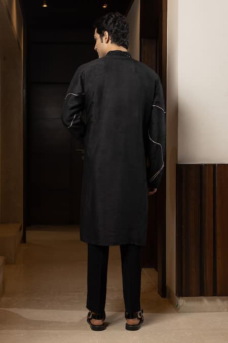 Shop Yoseba Black Bamboo, Cotton Pearls Stitch Line Embroidered Kurta And Pant Pyjama Set at Aza Fashions Shop_Yoseba_Black Bamboo, Cotton Pearls Stitch Line Embroidered Kurta And Pant Pyjama Set _at_Aza_Fashions