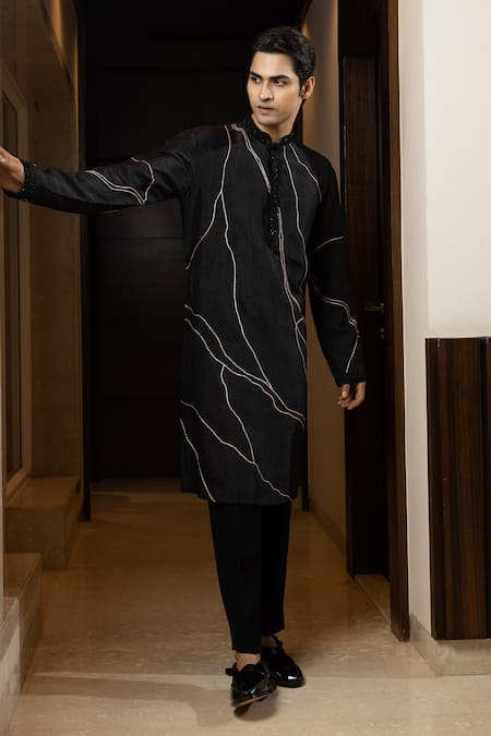 Yoseba Black Bamboo, Cotton Pearls Stitch Line Embroidered Kurta And Pant Pyjama Set Online at Aza Fashions Yoseba_Black Bamboo, Cotton Pearls Stitch Line Embroidered Kurta And Pant Pyjama Set _Online_at_Aza_Fashions