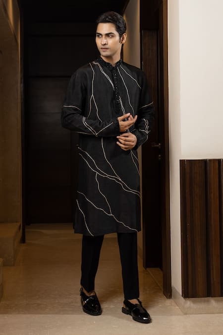 Buy Yoseba Black Bamboo, Cotton Pearls Stitch Line Embroidered Kurta And Pant Pyjama Set Online at Aza Fashions Buy_Yoseba_Black Bamboo, Cotton Pearls Stitch Line Embroidered Kurta And Pant Pyjama Set _Online_at_Aza_Fashions