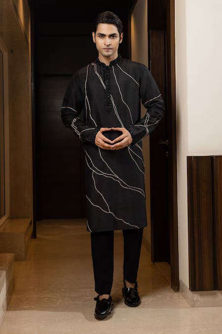 Yoseba Black Bamboo, Cotton Pearls Stitch Line Embroidered Kurta And Pant Pyjama Set 
